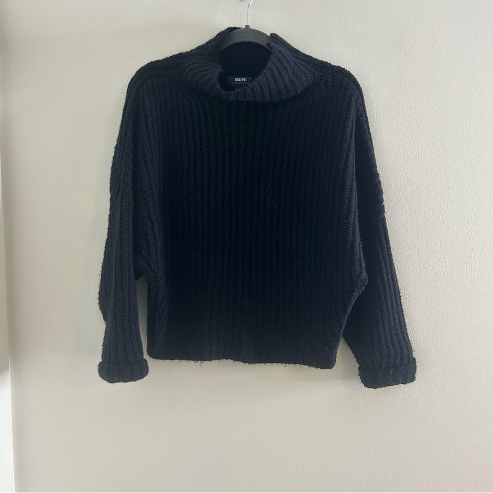 Anthropologie Maeve Sweater XS Black Alpaca  Wool Blend Mock Neck Ribbed Cropped